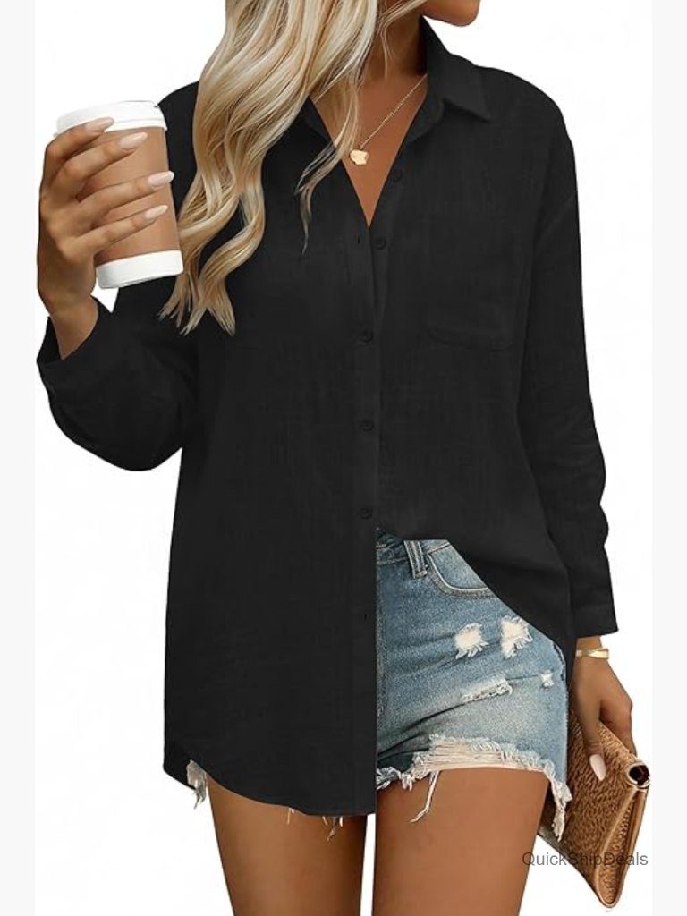 Linen Cotton Long Sleeve Button Down Blouse Loose Fit Casual Top With Pocket